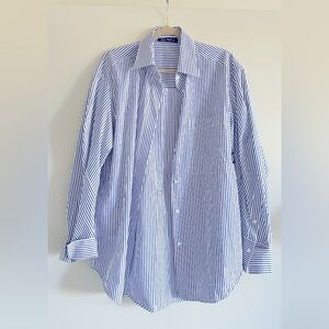 Mo&co oversized blue/white striped button down with batwing sleeves